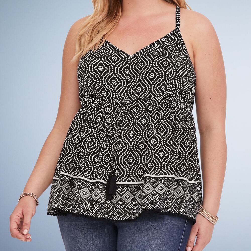 Torrid Boho Tassel Tie Challis Tank Top Black White Size 1X